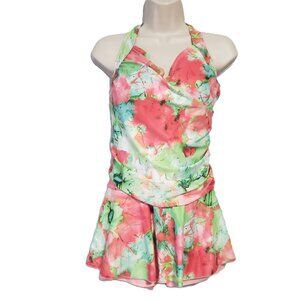 Tropical Women's Swim Dress XL Ruched Skirt with Shorts Padded Cups One Piece